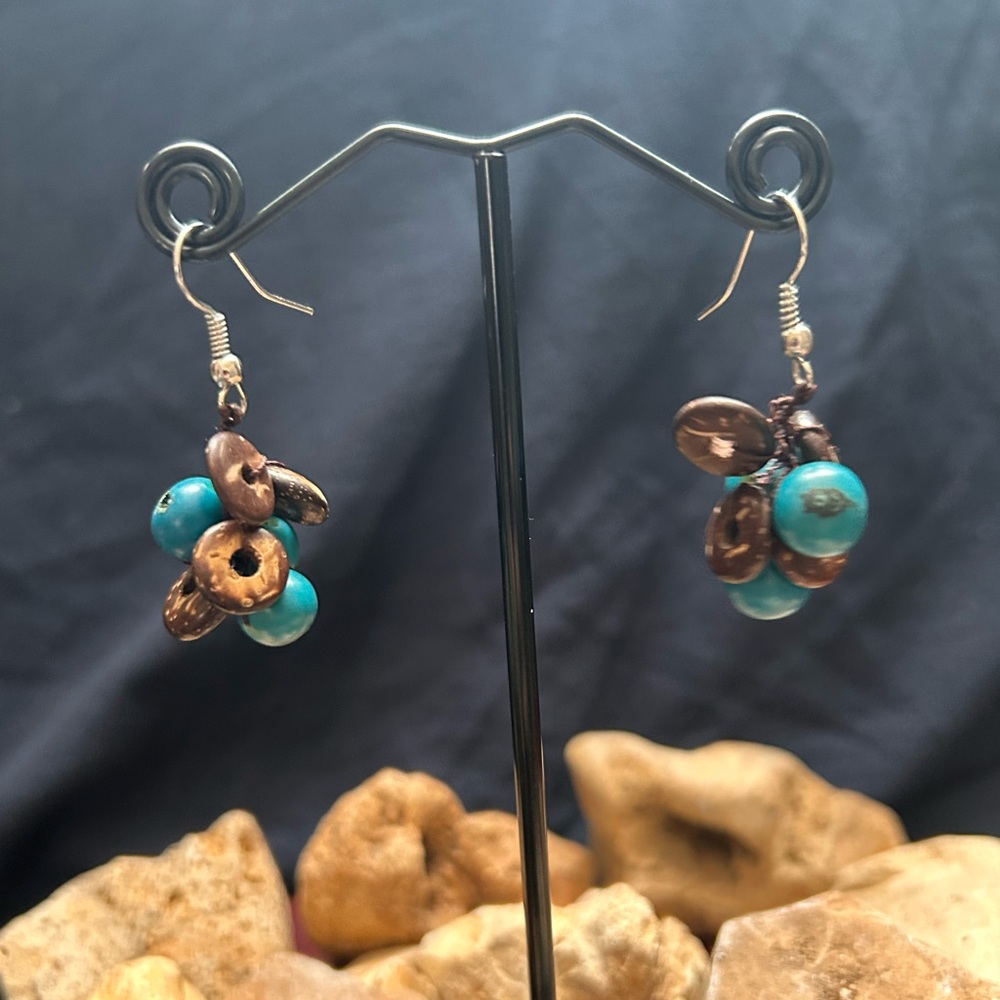 Teal & wooden color beaded cluster earrings